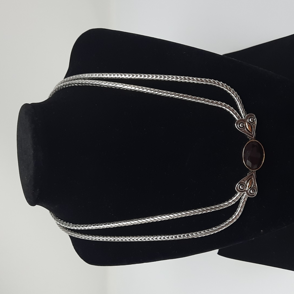 Silver Tone Necklace with red stone and hearts